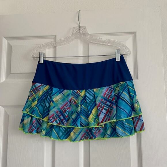 Lucky in Love Skort Blue Green Plaid Pleated Tiered Yellow Trim13 " Women Medium - Picture 2 of 8